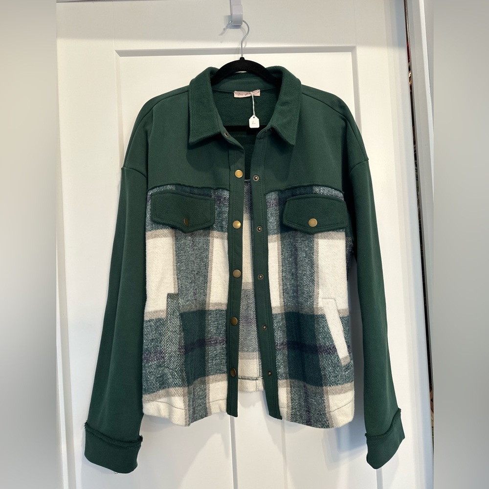 Ces Femme Forest Green and Cream Plaid Utility Jacket